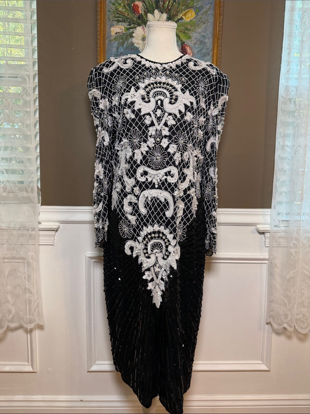 Vintage 80s SCALA Silk Beaded Sequin Pearl Evening Dress L